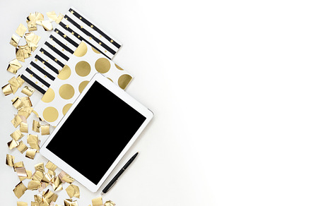 Flat lay photo of office white desk with tablet and gold notebook copy space background serpentine, a Beauty & Fashion Photo by ok_kate