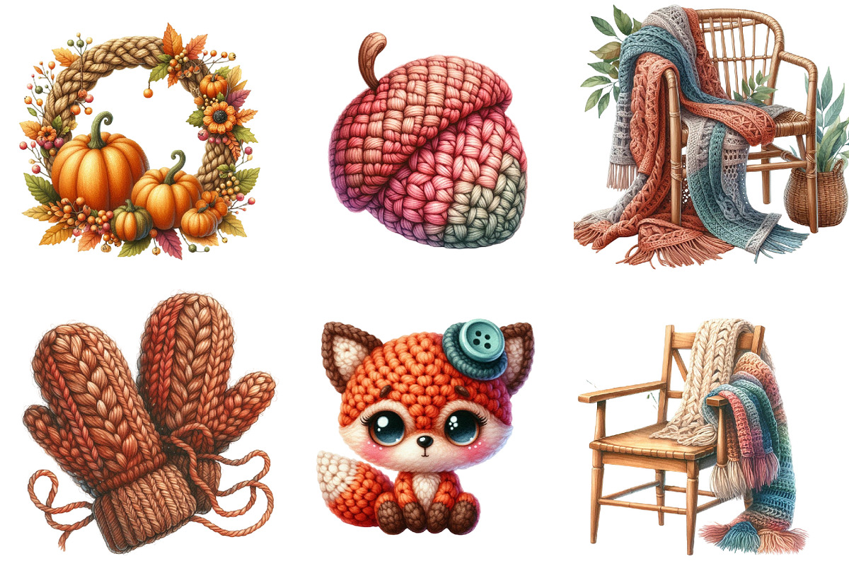 Watercolor Crochet Autumn Clipart, an Illustration by Watercolor design (Photo 2 of 4)