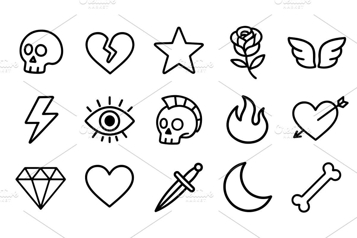 Tattoo outline icons set black line, an Object Illustration by Lemberg Vector