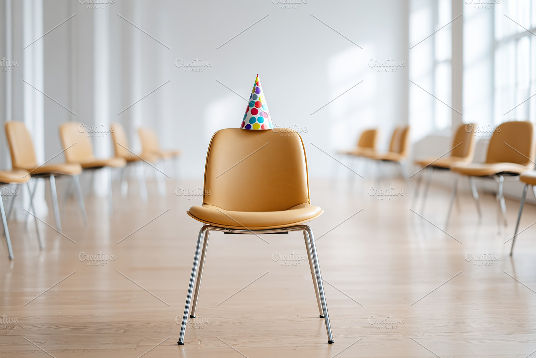 Office chair with a party hat in an empty modern workspace during daylight hour, a Photo by AlyaAnd