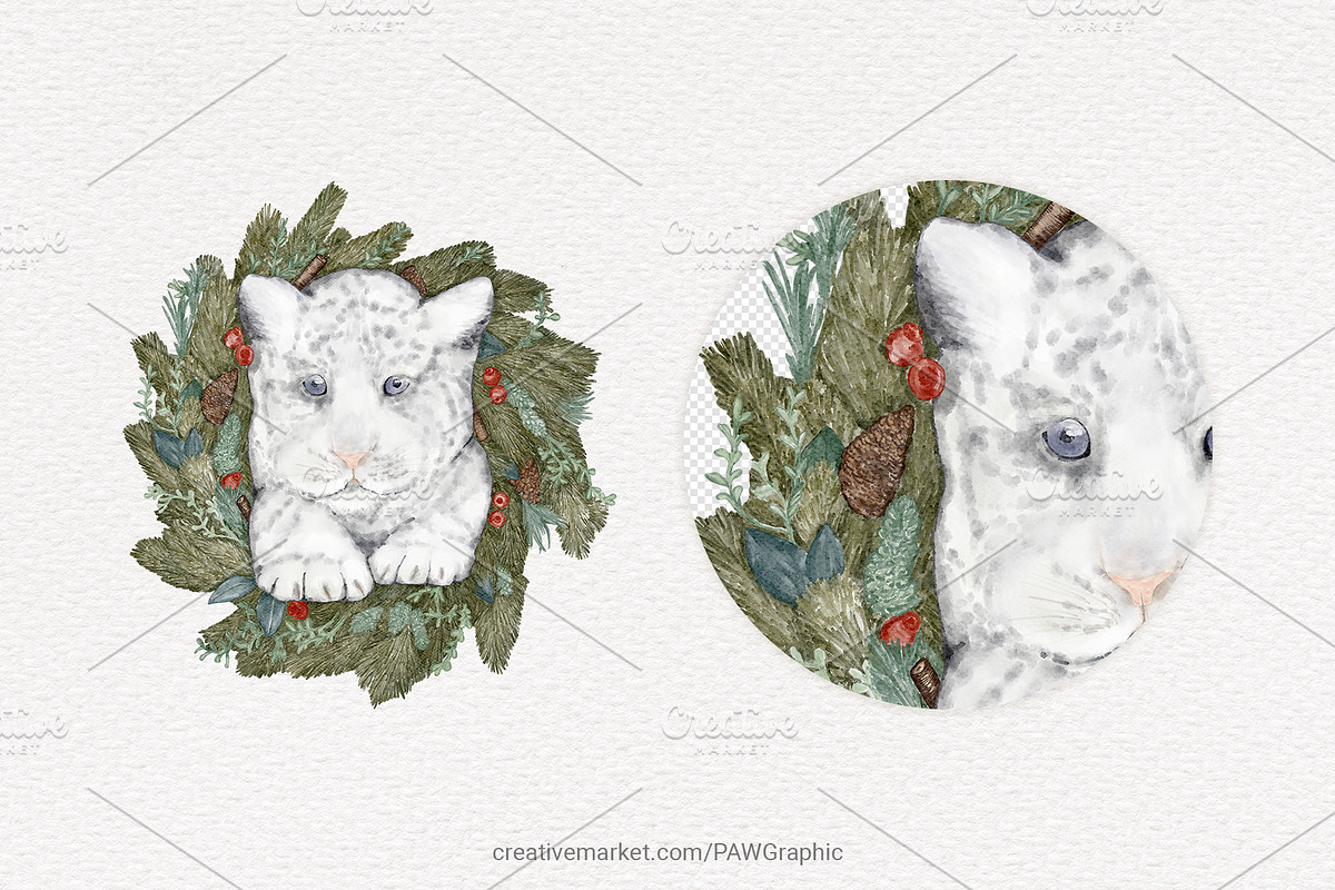 Tiger Christmas Wreath Watercolour, an Illustration by PawGraphic (Photo 2 of 12)
