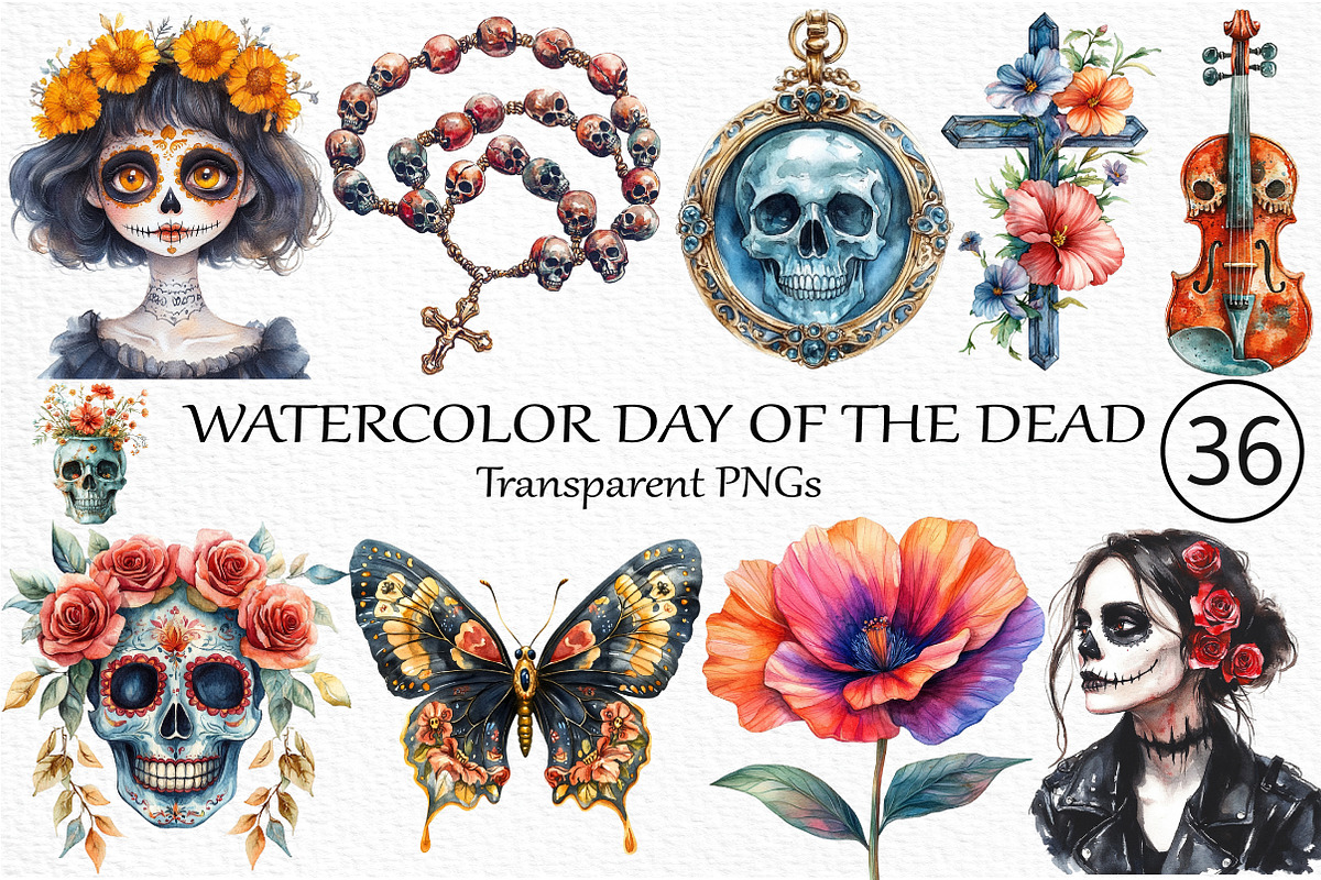 Watercolor Day of the Dead Clipart, an Illustration by Craft Nest (Photo 1 of 6)