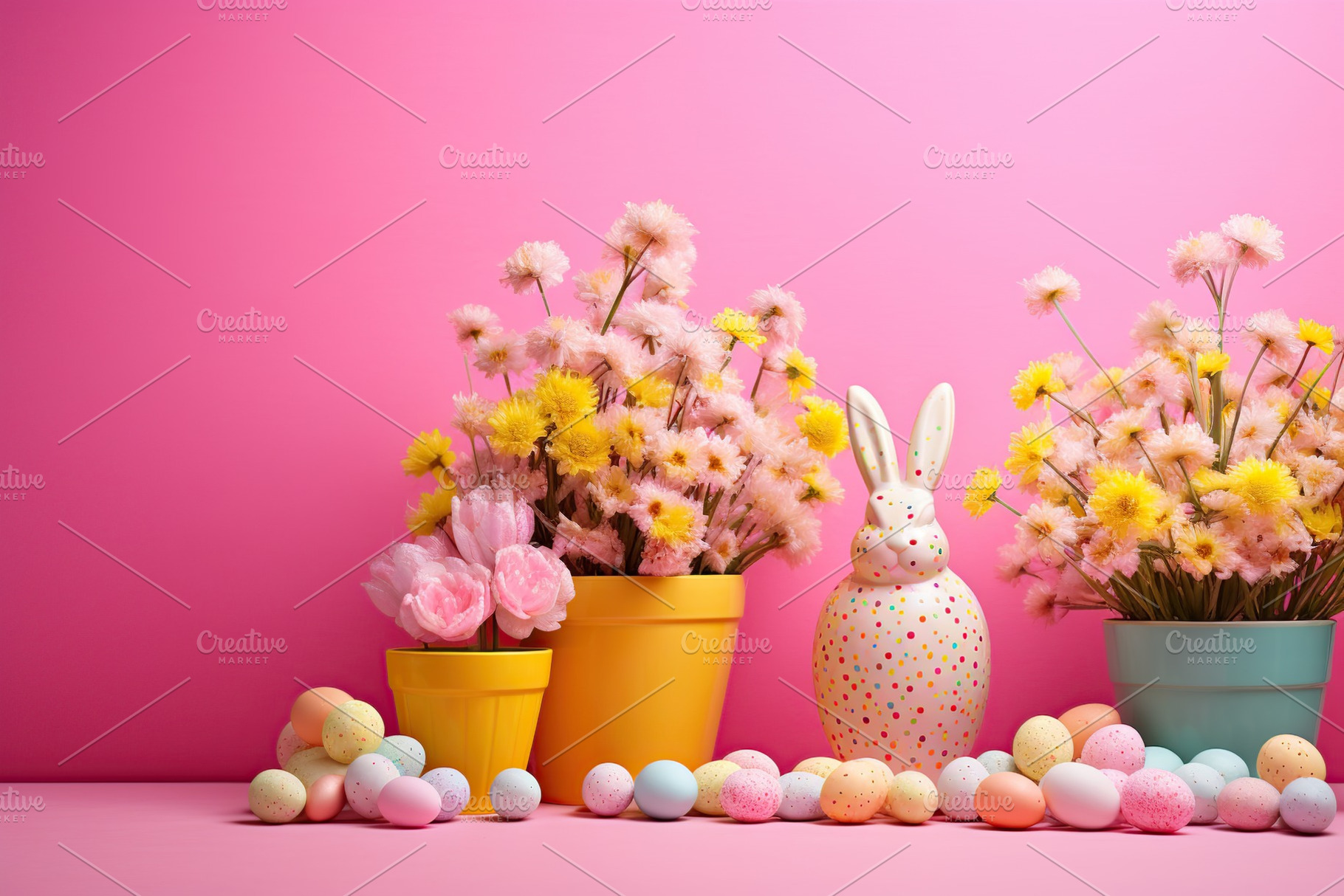Easter eggs with flowers on pink background, a Holiday Photo by AlyaAnd