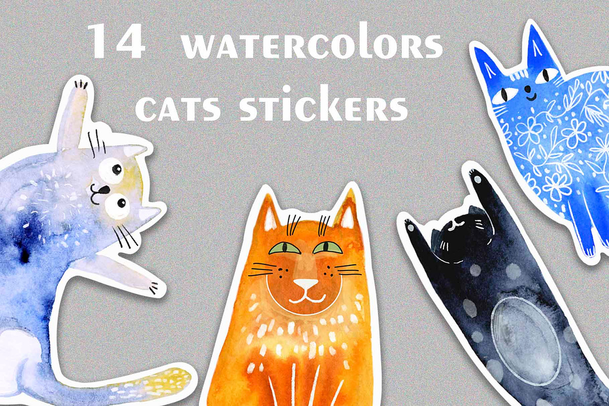 Watercolor funny cats sticker pack, an Object Graphic by NataLyaroArt (Photo 1 of 6)