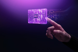 Hand Touching glow AI chip in dark tech futuristic themed. Artif, a Photo by salmon.black
