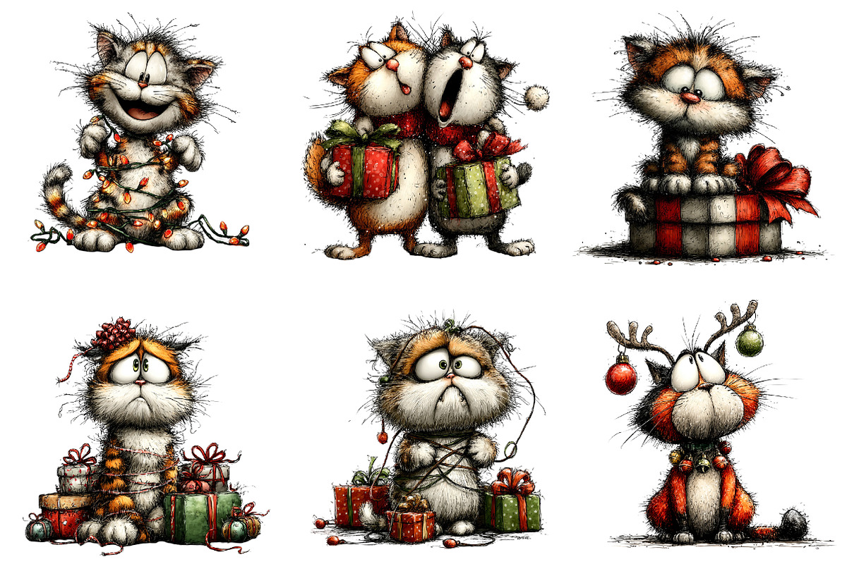 Whimsical Christmas Cat Clipart, an Illustration by CreationArt (Photo 3 of 5)
