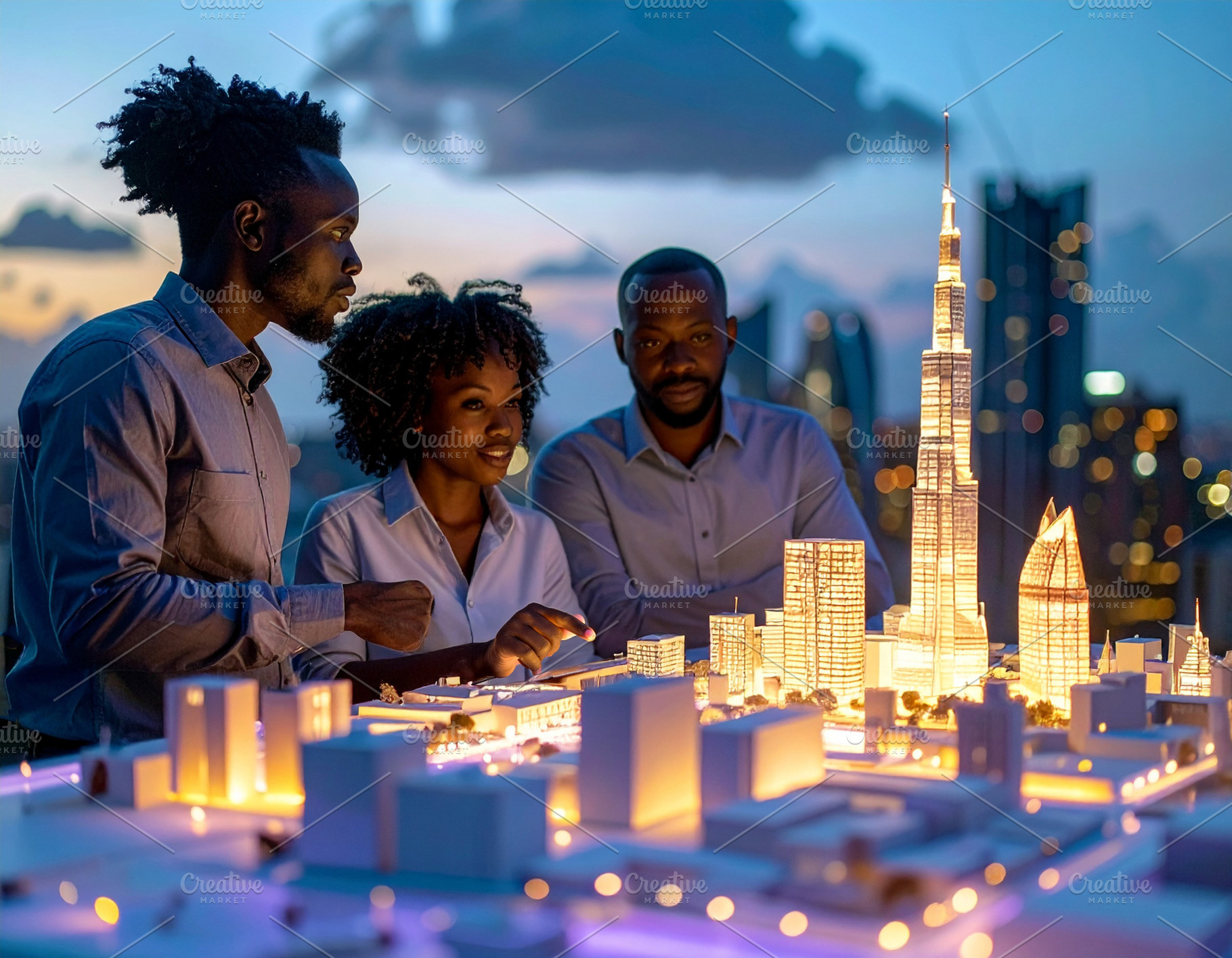 Architects observing futuristic city model on rooftop, a Business Photo by DanFLCreativo
