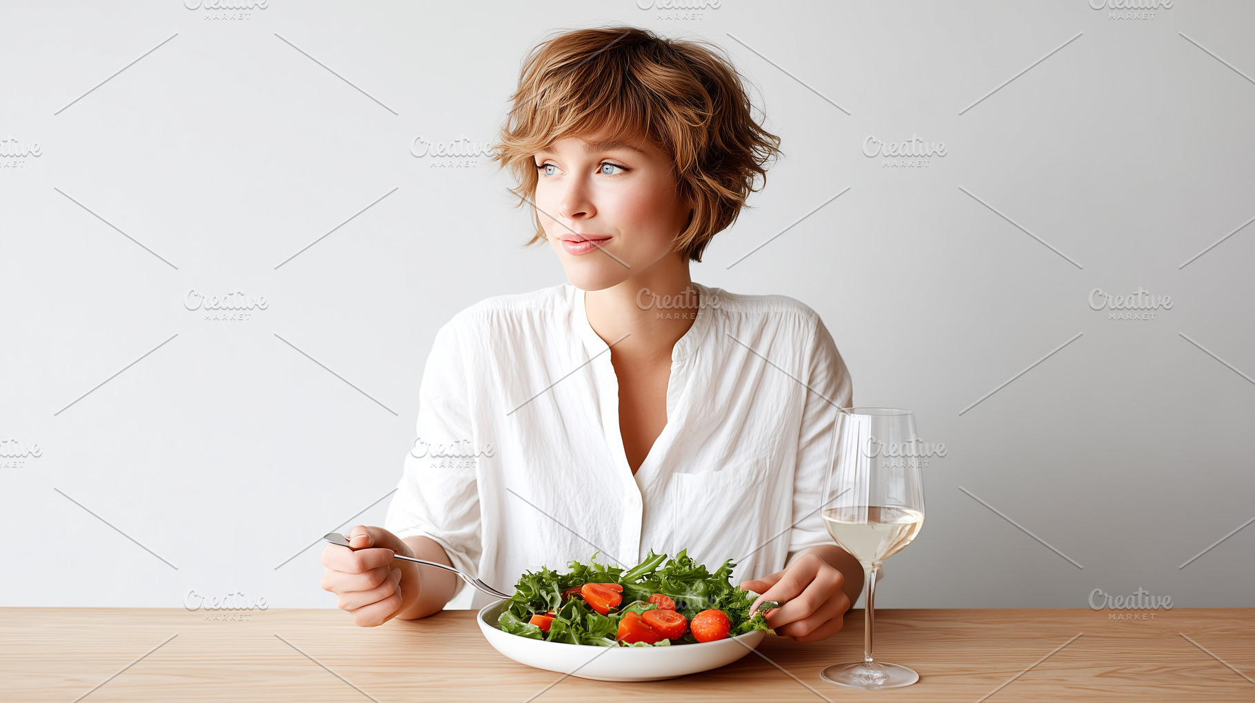 Smiling woman in white shirt sitting, a Food & Drink Photo by MistyDay