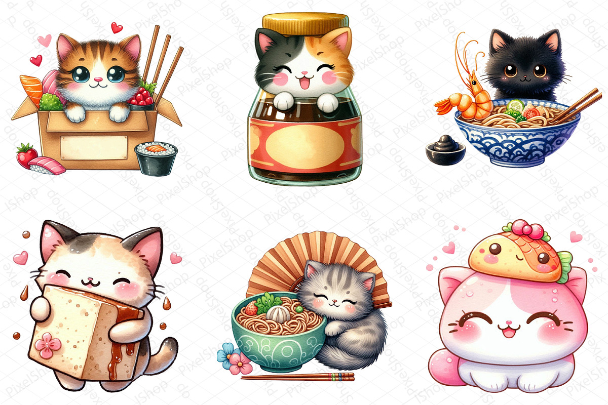 Kawaii Cat Japanese Food Clipart, an Illustration by DreamPrint404 (Photo 2 of 6)
