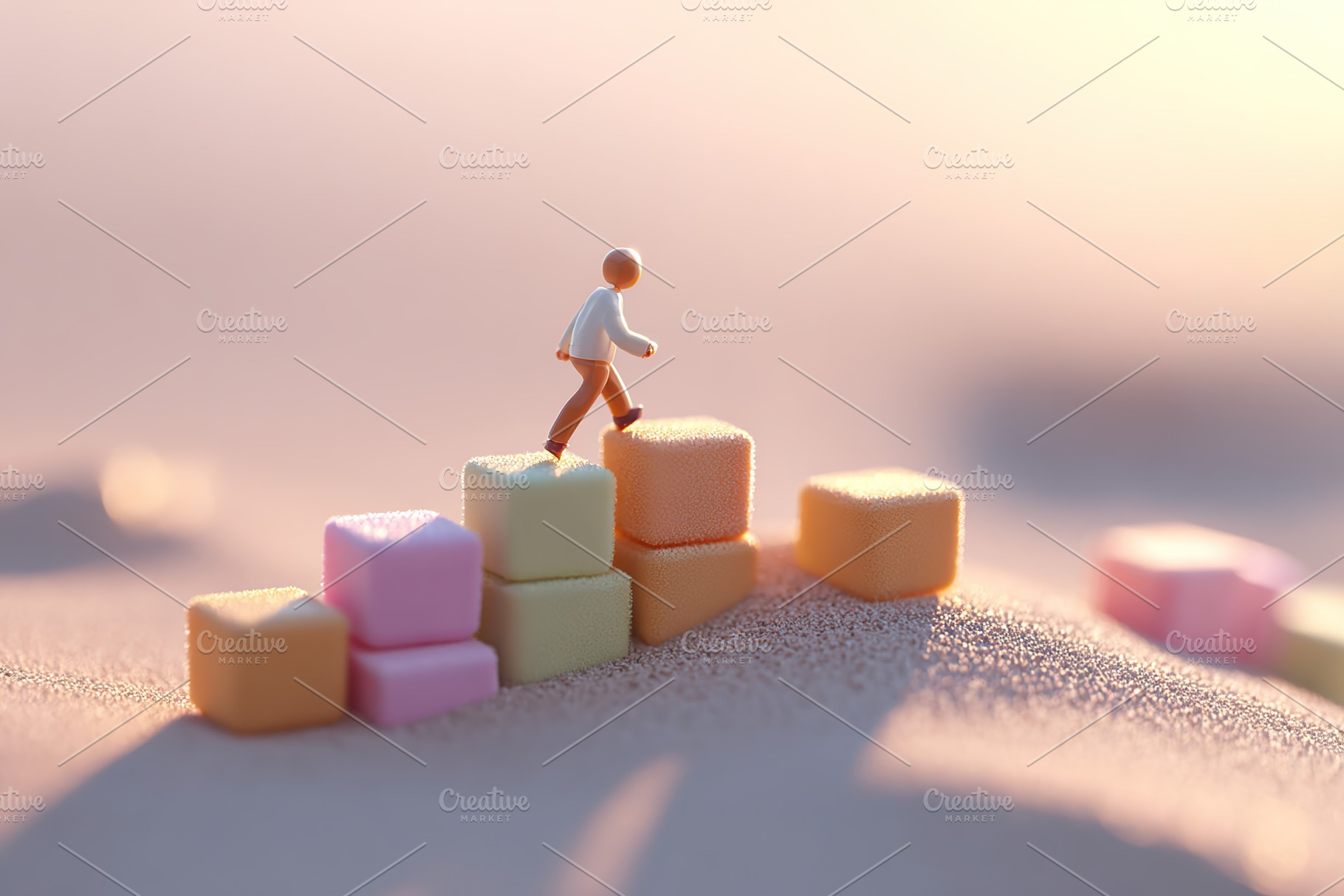 Climber navigates small staircase made of colorful blocks at sunset, an Arts & Entertainment Photo by AlyaAnd