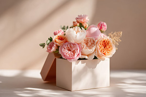 Pink and peach roses in cream gift box, a Nature Photo by AlyaAnd