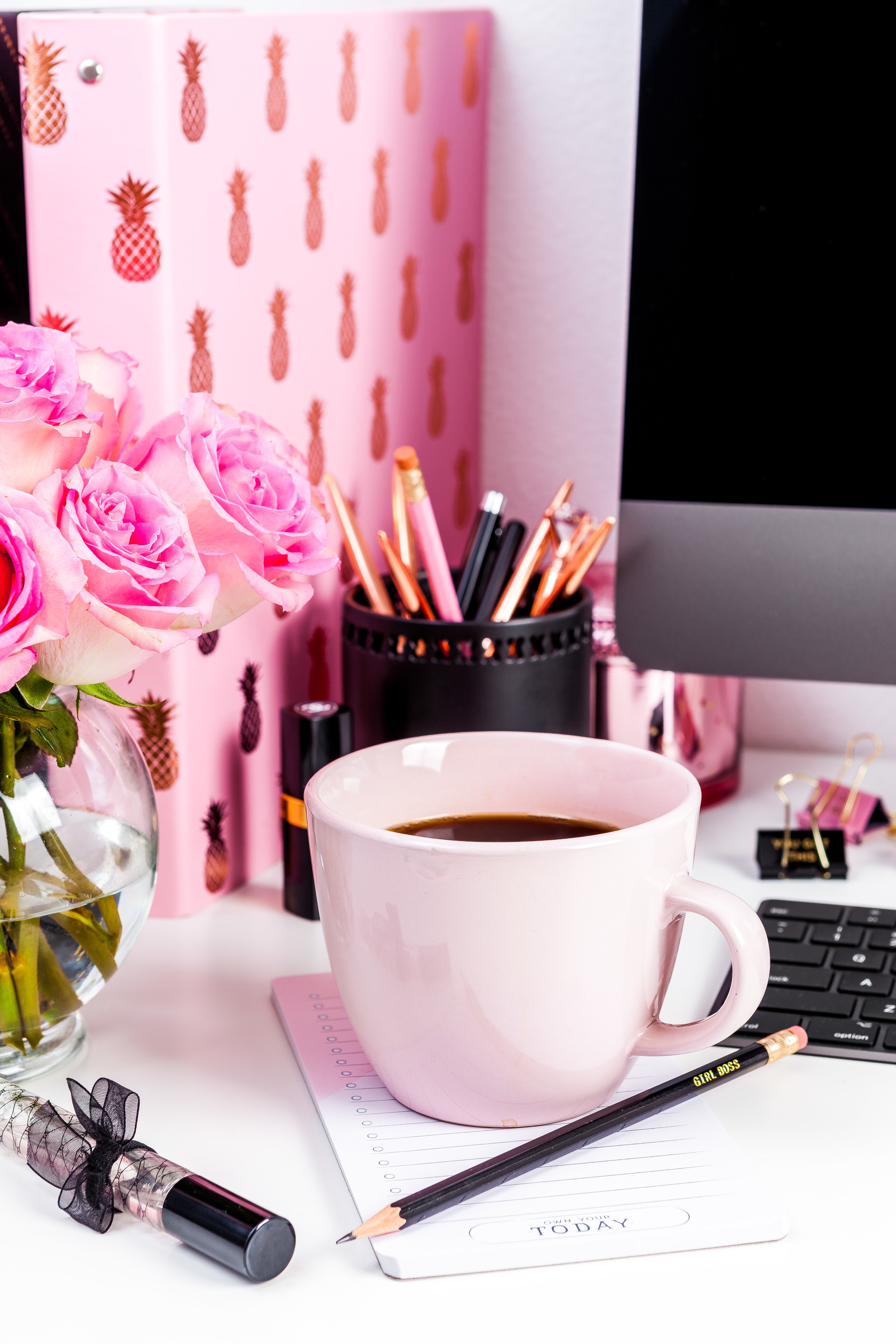 Pink desktop office stock photo, a Background Photo by Marigold Stock