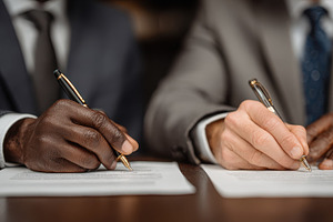 Two men signing important documents, a Photo by Pixeness Studio