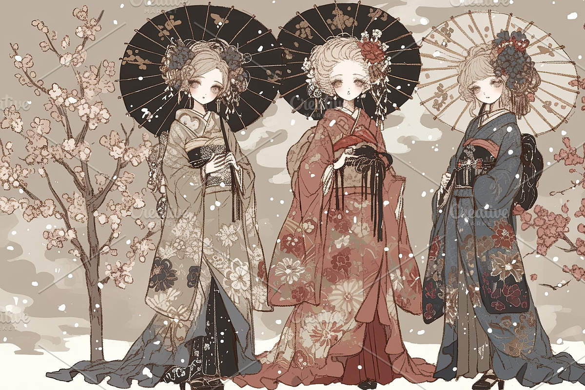 Elegant women in traditional Japanese attire embraced by serene floral backgrou, an Illustration by AS photostudio