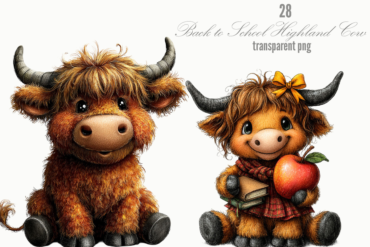 Back to School Highland Cow Clipart, an Animal Illustration by Designking (Photo 1 of 5)