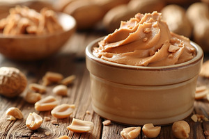 Creamy peanut butter served in a rustic bowl, surrounded by pean, a Food & Drink Photo by ImageMir