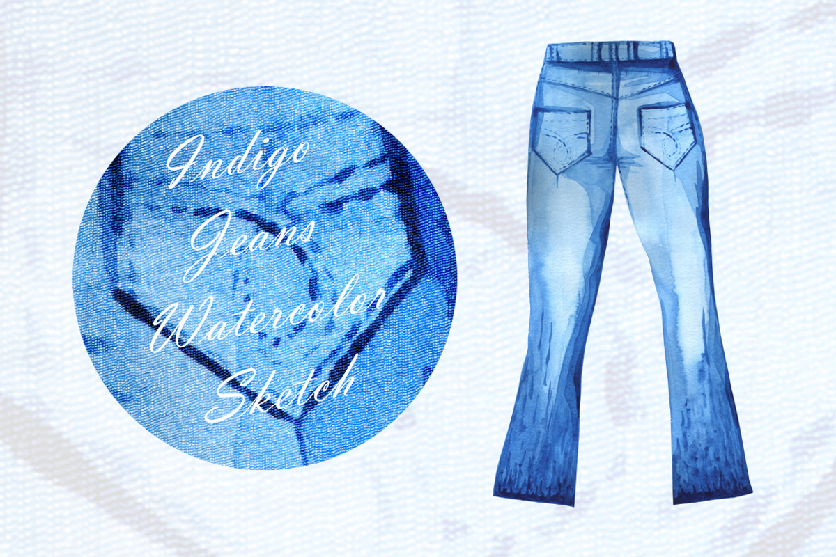 Indigo Jeans Watercolor Sketch, a Graphic by KsanasK.Art