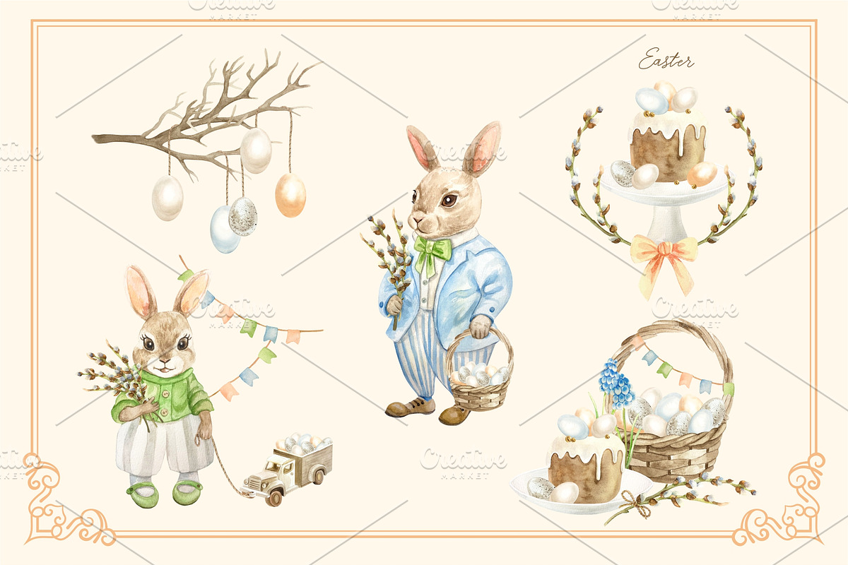 Whimsical Easter. Watercolor clipart, a Decorative Illustration by Farida Bik (Photo 5 of 14)