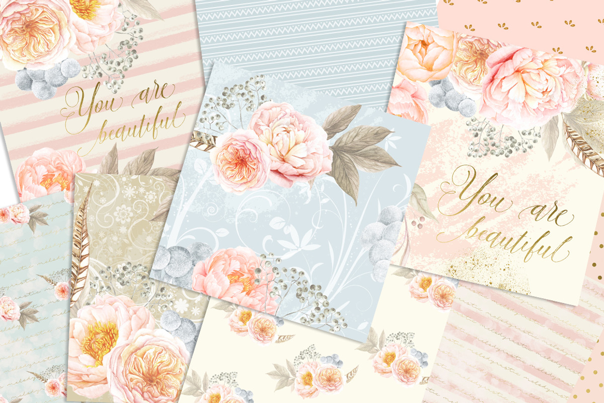 FLORAL DIGITAL PAPER PACK, a Pattern Graphic by rusticmelody (Photo 2 of 2)