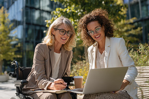 Two businesswomen working outdoors o, a Photo by Pixeness Studio