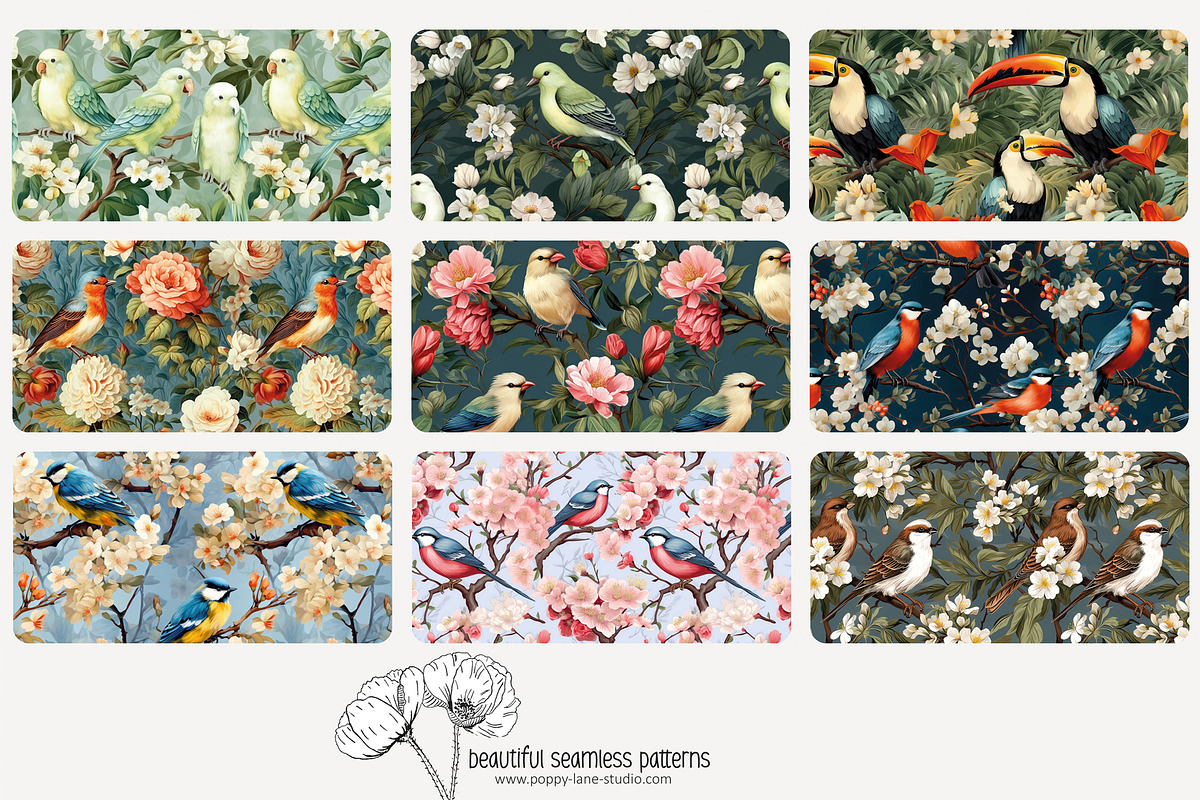 80 vintage birds seamless pattern, a Pattern Graphic by Poppy Lane Studio (Photo 3 of 11)
