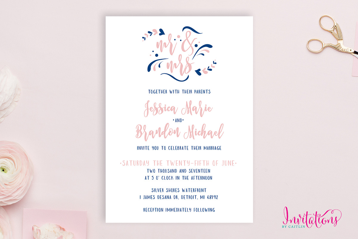 Blush & Blue Wedding Invitation Set, an Invitation Template by Invitations by Caitlin (Photo 2 of 3)