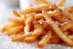 Golden crispy french fries with sea salt, a Food & Drink Photo by AlyaAnd