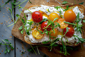Sandwich with cream cheese, microgreens and tomatoes on wooden table, a Food & Drink Photo by AlyaAnd