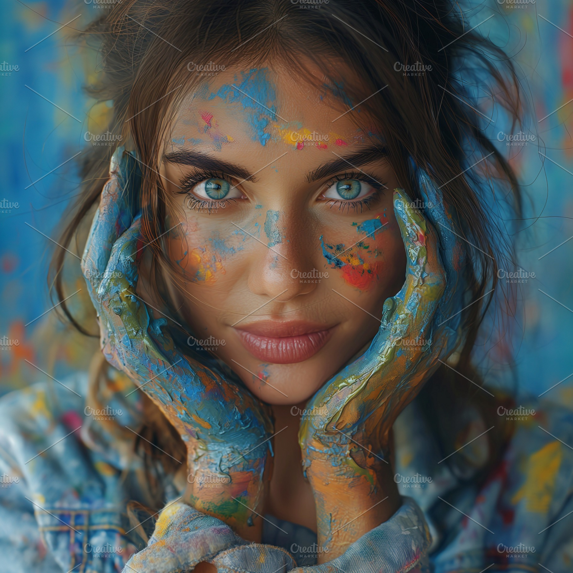 A young woman with colorful paint on her face and hands, showcasing creativity, a Person Photo by ImageMir