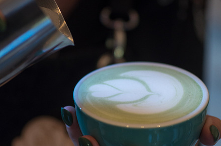 A professional barista woman prepares a green matcha tea latte. Latte art close, a Food & Drink Photo by PavelKant