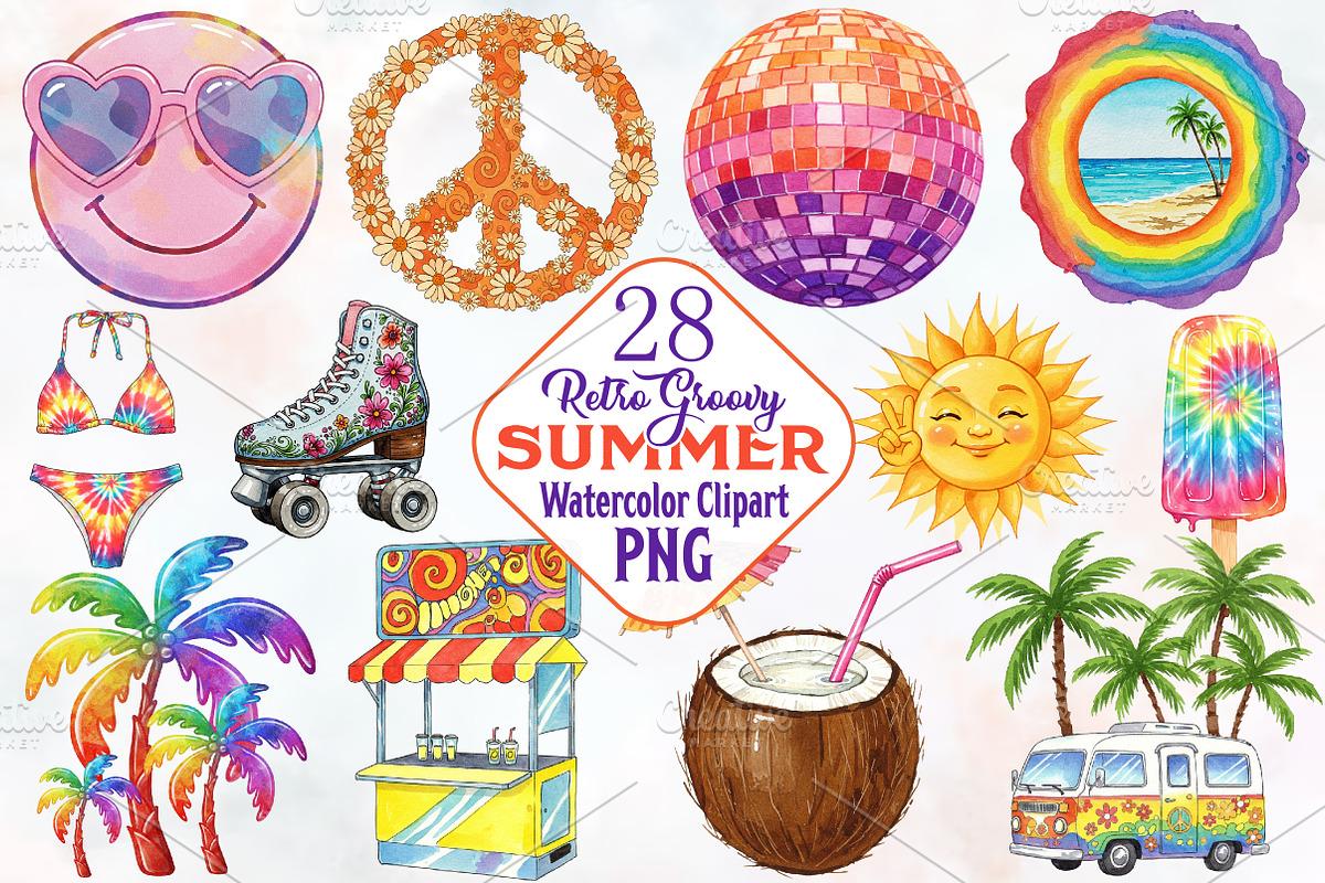 Retro Groovy Summer Clipart, an Illustration by RobertsArt (Photo 1 of 7)