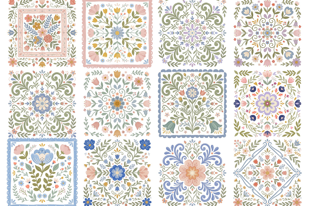 Folk Floral Tiles Clipart Set, a Work Illustration by CraftArtStudio (Photo 2 of 4)