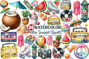 Cute Retro Summer Clipart, an Illustration by Rose Art