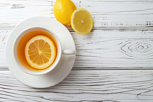 White cup of aromatic tea with lemon sliced on white wooden background, a Food & Drink Photo by AlyaAnd