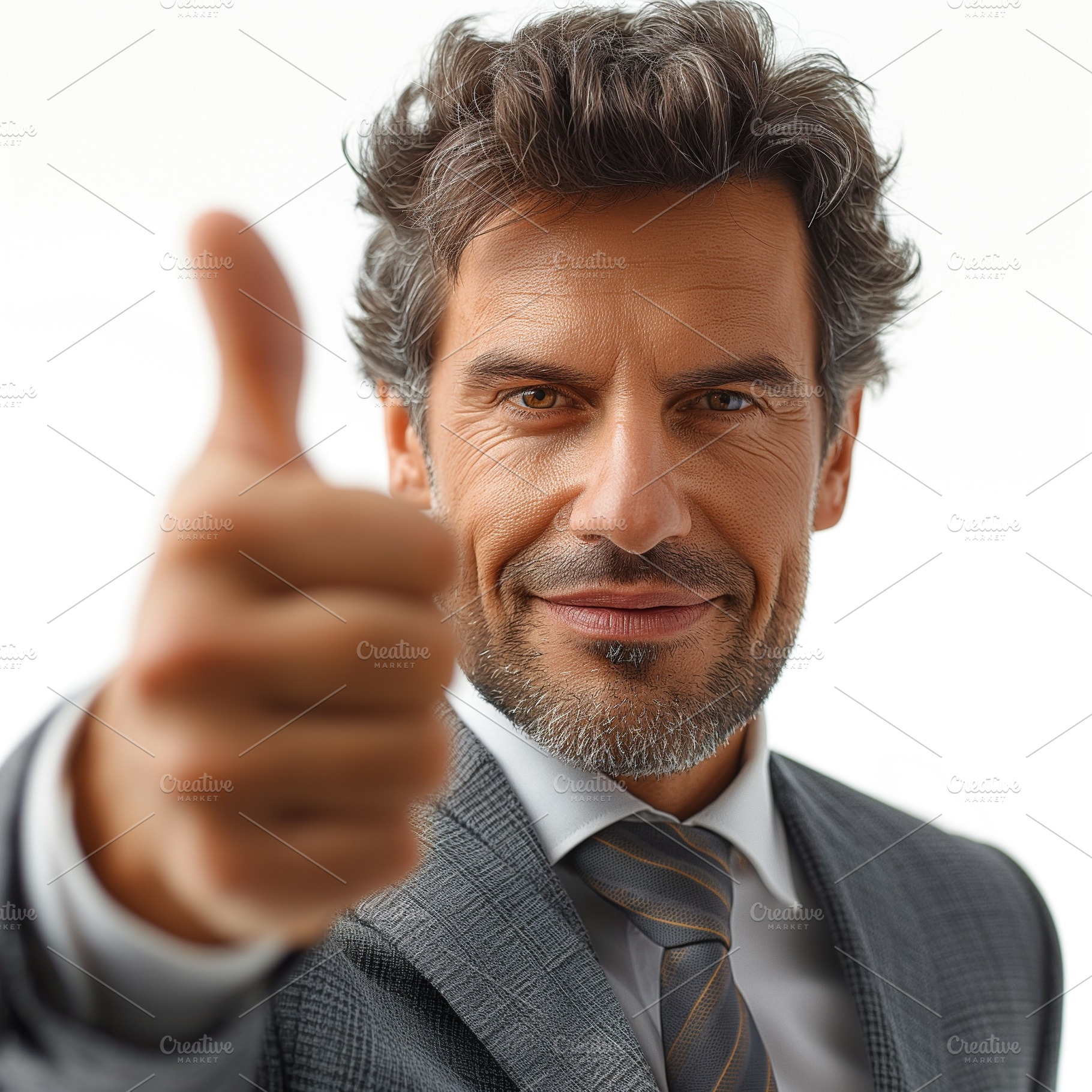 Confident middle-aged man with curly hair in a suit giving a thumbs up gesture., a Person Photo by ImageMir
