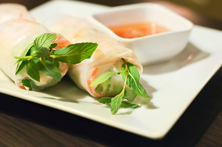 Fresh spring rolls with sauce, a Food & Drink Photo by nsfoto