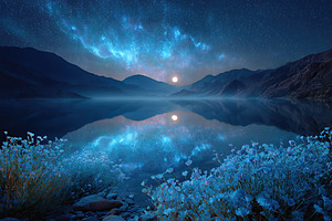 Moonlit lake reflecting night sky and flowers in a tranquil mountain setting, a Photo by AlyaAnd