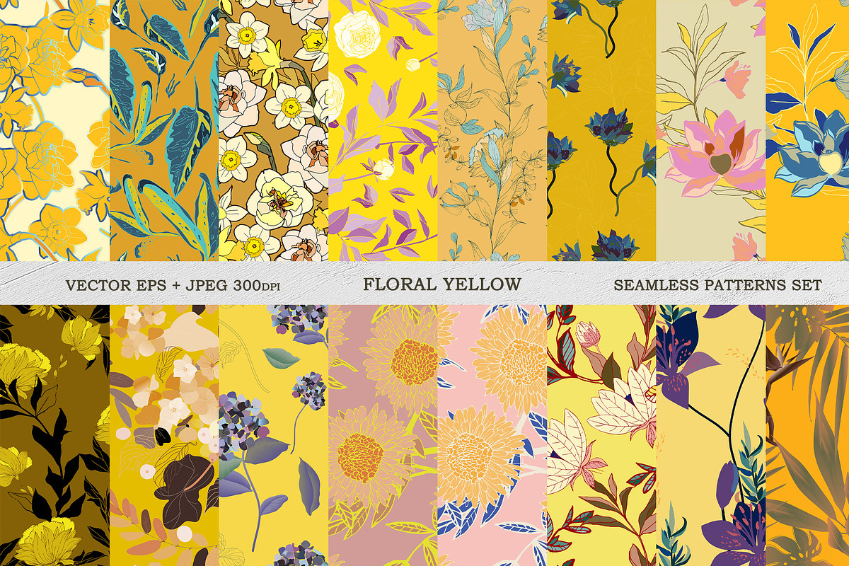 Yellow floral seamless vector pack, a Pattern Graphic by PatternsBlooming