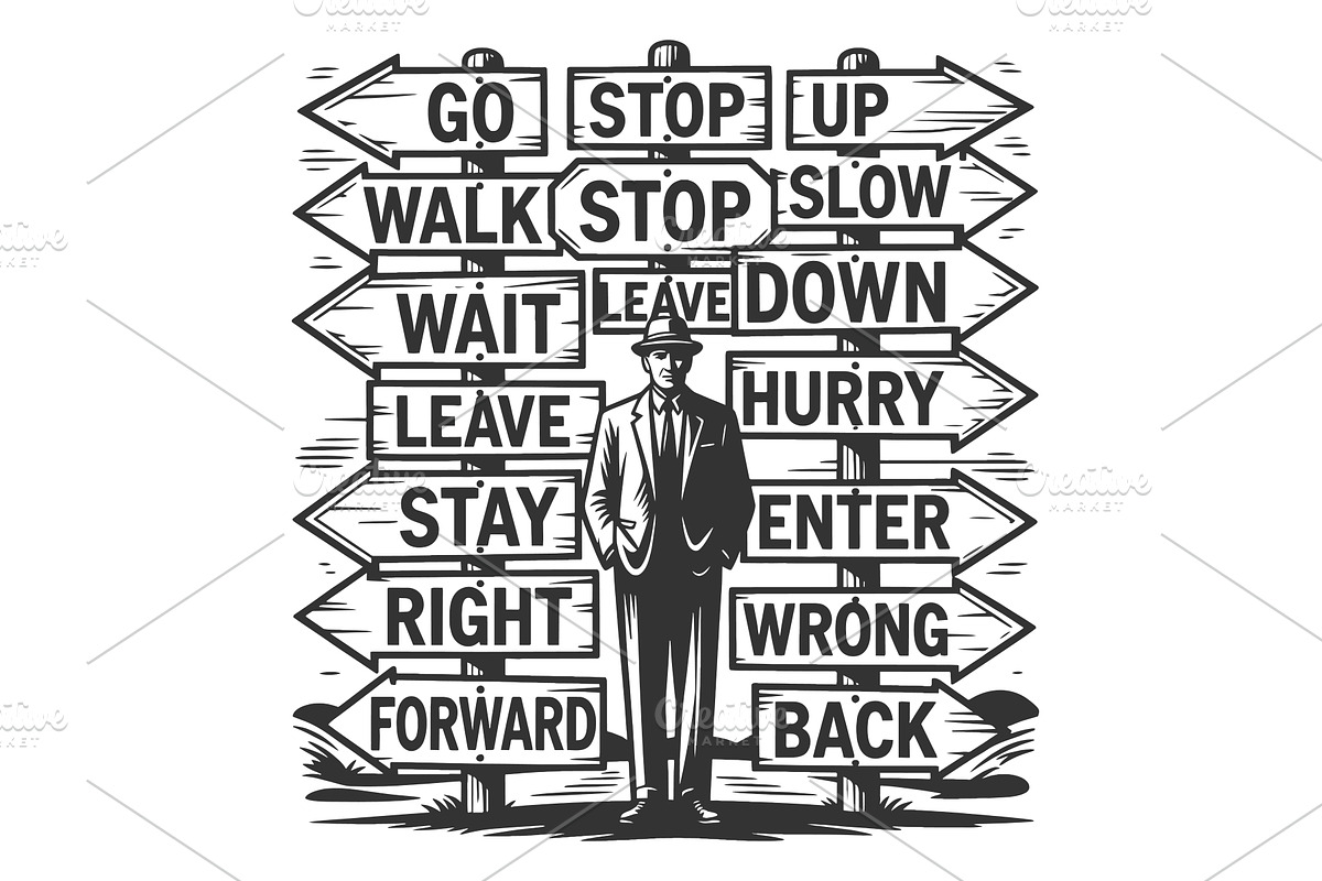 Man Facing Confusing Direction Signs, a Person Illustration by AlexArt
