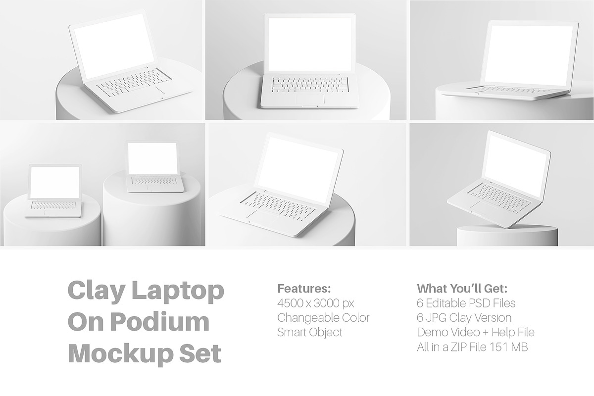 Clay Macbook On Podium Mockup Set, a Device Mockup by Remnand Studio (Photo 2 of 9)