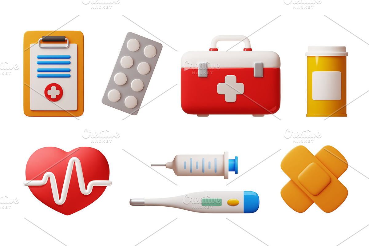 3d cartoon medicine tools. Hospital, an Object Illustration by YummyBuum