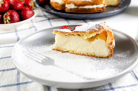 Traditional Polish cake Karpatka on a gray concrete background., a Food & Drink Photo by vimart