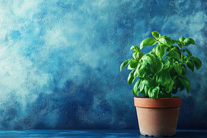 Potted basil plant against a texture, a Photo by Iftikhar Alam