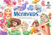 Cute Watercolor Mermaids set, an Illustration by KatBranchArt (Thumbnail 1 of 3)