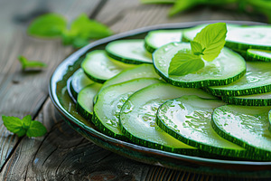 Green sliced zucchini in plate on wooden table, a Food & Drink Photo by AlyaAnd