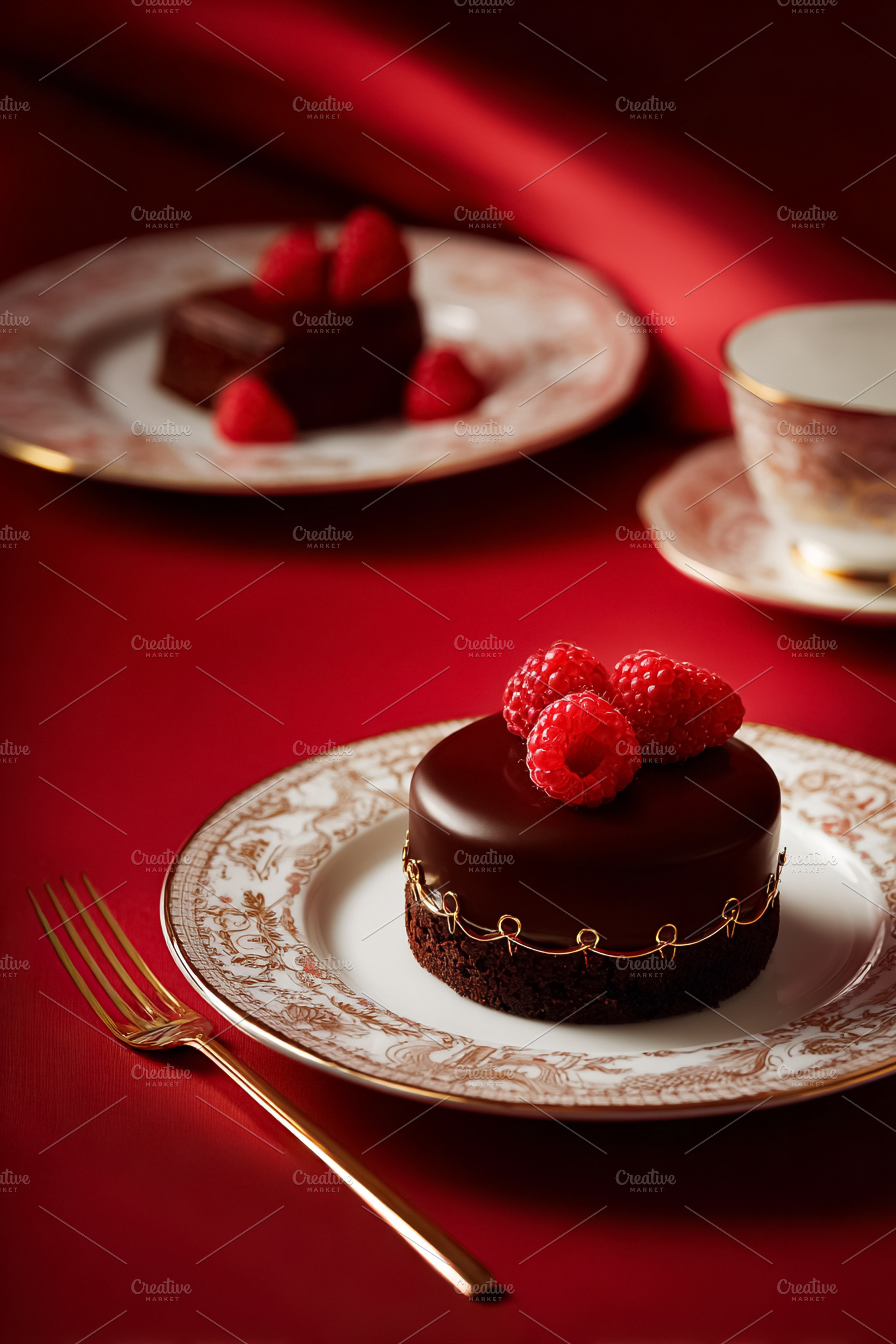 Valentine's Day chocolate cake with raspberries and gold garnish, a Photo by Studio ANNA