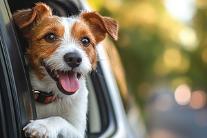Cute and excited dog happily looks, a Photo by Pavel_design