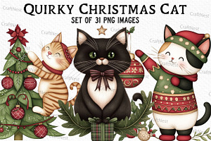 Quirky Christmas Cat Clipart, an Illustration by Craft Nest
