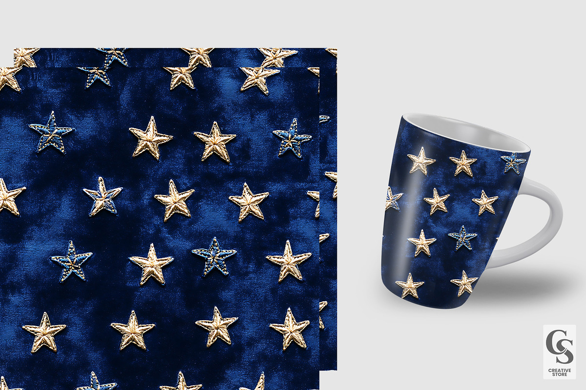 Gold Stars Embroidery on Blue Velvet, a Pattern Graphic by Creative Store (Photo 3 of 5)