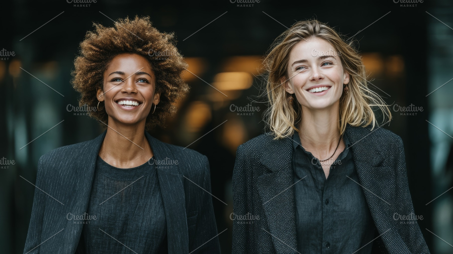 Two confident businesswomen walking together with cheerful expressions outdoors, a Person Photo by AS photostudio